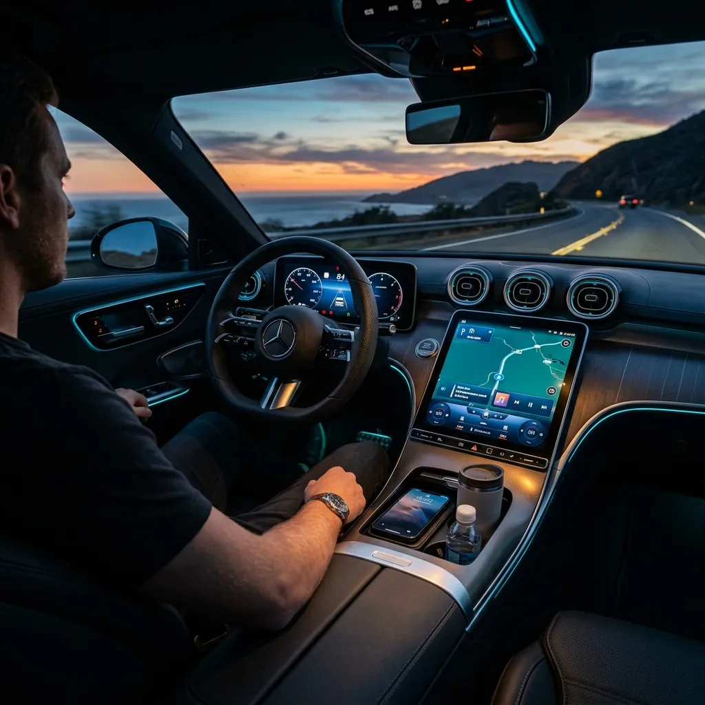 Driver in Modern Cockpit Enjoying Wireless Apple CarPlay and Android Auto